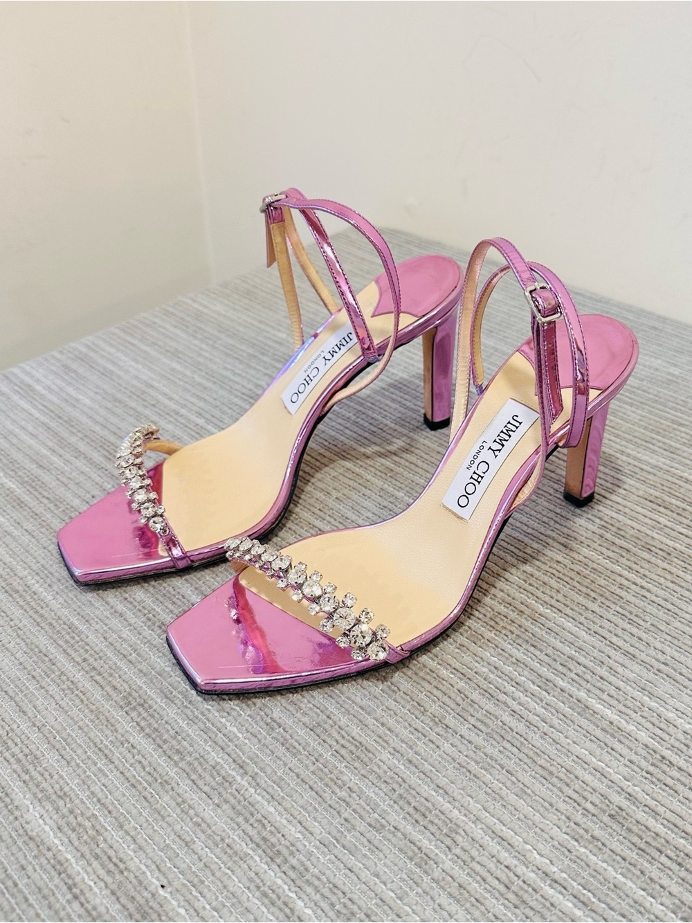 JIMMY CHOO Meira 85 Crystal Embellished Mirrored Leather Sandals, 38 Mauve US 8